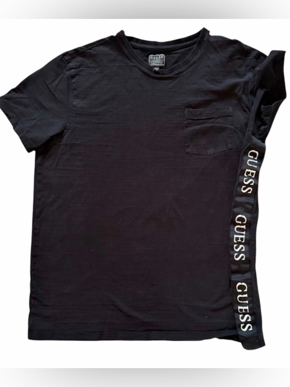GUESS Black Pocket T Shirt Mens L Logo Side Tape Streetwear Short Sleeve Tee - Picture 1 of 7